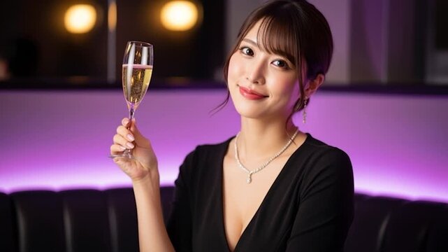シャンパングラスを手に微笑む女性の上品なバーシーン
