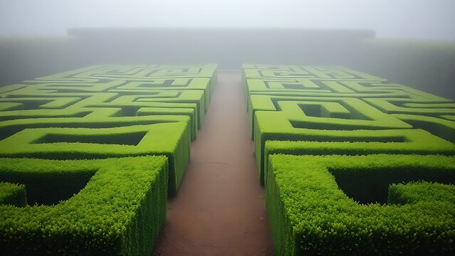 privet. Manicured privet hedge maze in a formal garden enveloped in morning mist. menu design, packaging mockups, designed for food delivery and cloud-kitchen brand materials, used by professors.