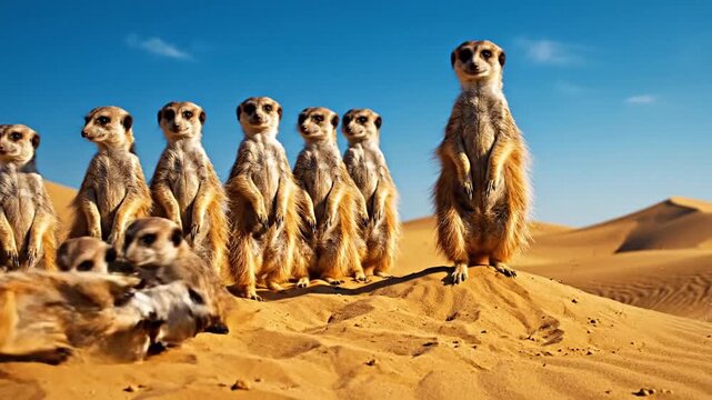 Playful meerkats standing guard in the desert sun looking alert and cute, a dynamic wildlife scene full of character and charm, ideal for nature films