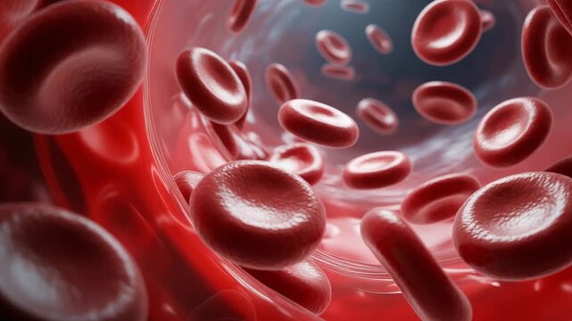 Microscopic view of red blood cells flowing through a detailed, illuminated human artery or vein close-up