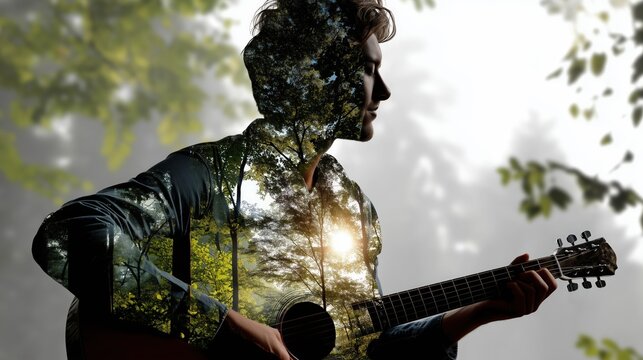 A serene image of a man playing guitar, blended with nature elements, representing harmony between music and nature.