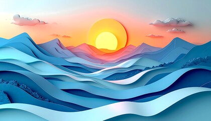 A layered, stylized landscape depicts mountains and undulating water under a vibrant sunrise. The color palette blends blues and oranges