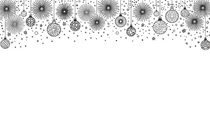 Black and white line art illustration of festive hanging Christmas ornaments and starbursts with confetti, forming a decorative top border.