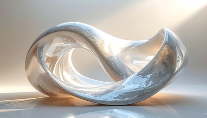 A luminous, abstract sculpture with a looping, ribbon-like form, reflecting light on a neutral background, creating highlights and shadows