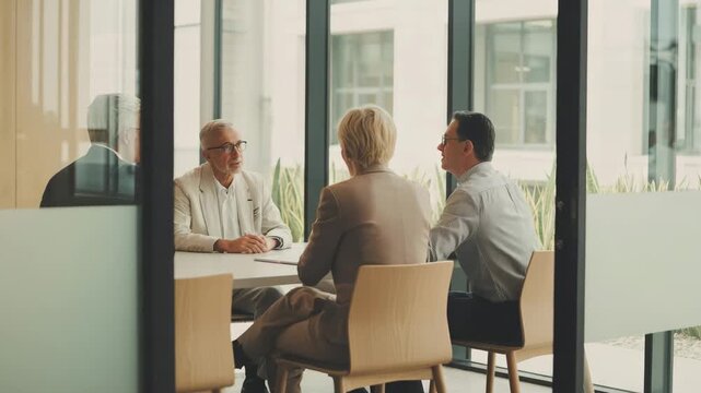 Senior business executives holding a serious strategy discussion in a modern, bright office meeting room