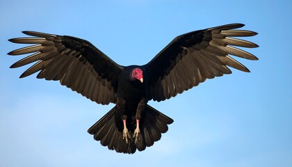 A large, black bird with a red head soars against a clear, light blue sky, its wings fully extended. It's captured mid-flight