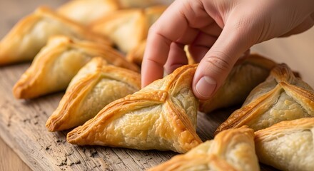 Delicious Middle Eastern Fatayer, triangular spinach pastries being picked up from a rustic wooden board