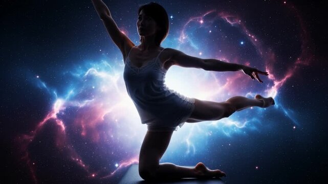 瞑想空間の中でヨガをする女性のシルエット