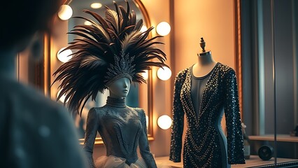 backstage. An elaborate feathered headdress and costume before a vintage dressing room mirror. event programs, museum guides, designed for cultural heritage projects and event programs.