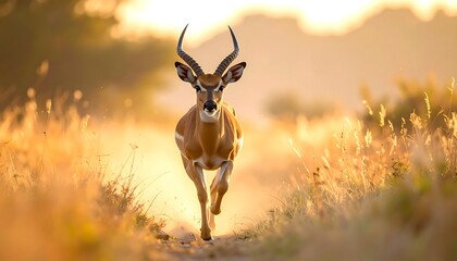 A majestic antelope charges directly towards the camera, silhouetted against a golden, sunlit landscape, dust swirling