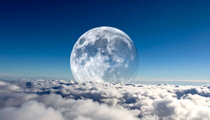 A large, detailed moon floats above a sea of fluffy white clouds, set against a bright, clear blue sky