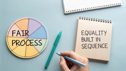 Fair Process and Equality Built in Sequence on Notepad with Pie Chart and Pen on Desk for Social Justice and Inclusion