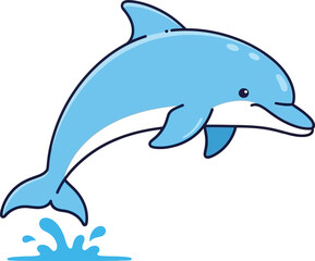 Fototapeta premium Adorable Blue Cartoon Dolphin Leaping Out of Water Playful Marine Mammal Illustration