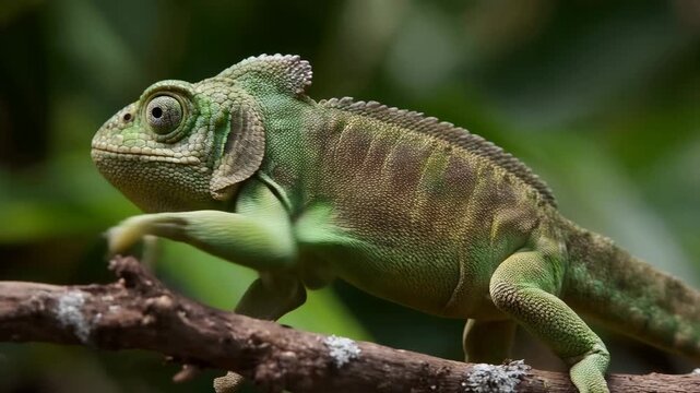 Green chameleon reptile lizard wildlife nature branch tropical forest camouflage animal closeup focus curious resting tree branch lush tropical forest habitat with detailed skin texture