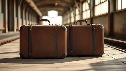 arrival. Two vintage suitcases on railway platform with intertwined shadows. tourism brochures, itinerary planners, designed for hospitality marketing for hotel rooms and spa retreats.