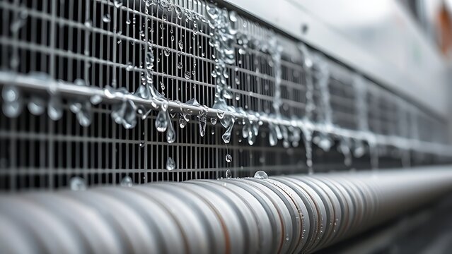 condensed. Industrial cooling unit with water droplets on reflective metal pipes. safety posters, maintenance manuals, designed for industrial assembly lines and welding operations.