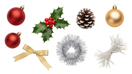 Christmas decorations collection including baubles holly pinecone ribbon and tinsel.