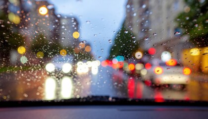 Fototapeta premium Rainy City Drive: Water Droplets on Windshield with Bokeh Lights and Traffic