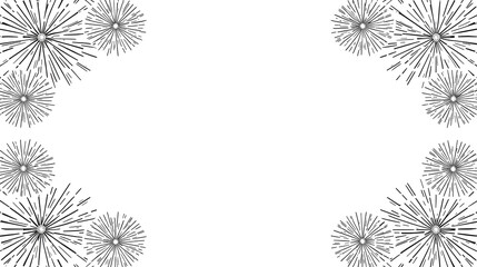 Black and white line art illustration of fireworks or starbursts forming a decorative border on a clean white background, perfect for celebrations.