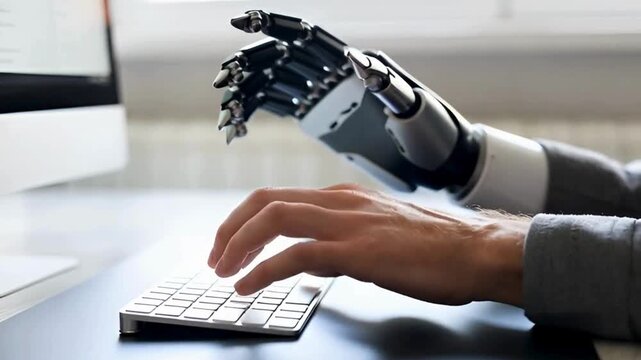Close Up Footage of Man Using Computer with Robotic Hand Working in Office with Desk and Screen Shows Technology and Artificial Intelligence
