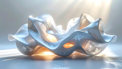 A luminous, abstract sculpture with fluid forms and smooth textures. The piece has a flowing, organic shape that is light-filled