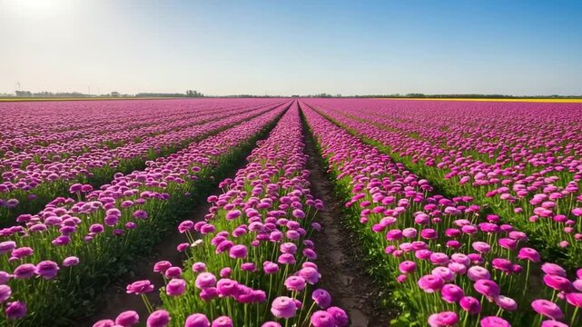 Vibrant pink ranunculus flower field stretches toward the horizon under a bright blue spring sky