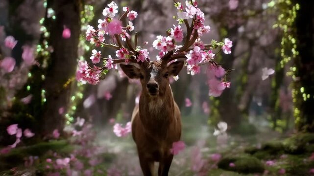 Fantasy deer antler blossom flower forest spring magic pink nature woodland stag wildlife animal petals dreamy fairytale glowing light moss tree branch season floral surreal enchanted serenity cherry