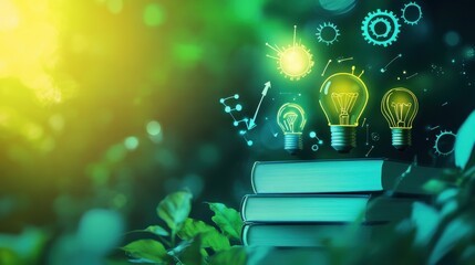 knowledge and growth, showing books, lightbulbs, gears, and upward arrows blended in a seamless flow, symbolizing continuous learning and productivity, soft blur background 