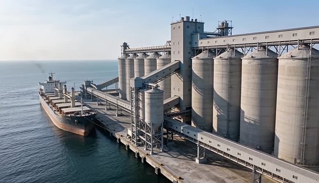 Aerial view of a cargo ship docked at a large industrial port grain elevator facility port, silos.