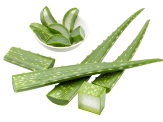 Fresh organic aloe vera plant leaves and sliced green herbal ingredients isolated on a white background for healthy medicine or natural food
