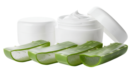 An aloe vera slices with cream for skincare, white background isolated
