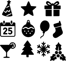 Fototapeta premium Christmas Holiday Icons Set Black Silhouette Vector