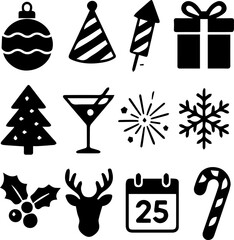 Christmas Holiday Icons Set Black Silhouette Vector