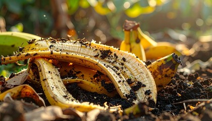 Decomposing banana peels in garden soil for composting.