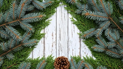 Christmas tree shape on a rustic wooden background Frame of evergreen branches and a pinecone