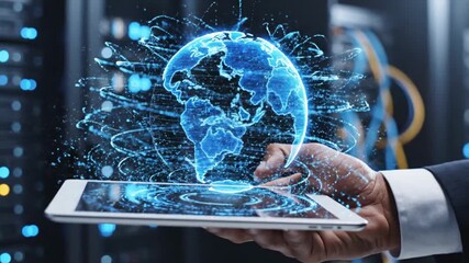 Global business leader innovating with digital earth on tablet in server room, showcasing modern technology, data analytics and global communication - Powered by Adobe