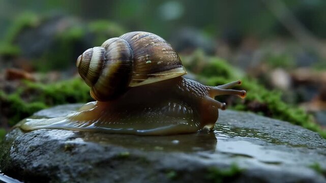 Snail shell slug mollusk nature wet closeup macro forest green on mossy rock after rain, peaceful wildlife detail of antenna in damp forest environment, calm wet shell moving slowly over moss