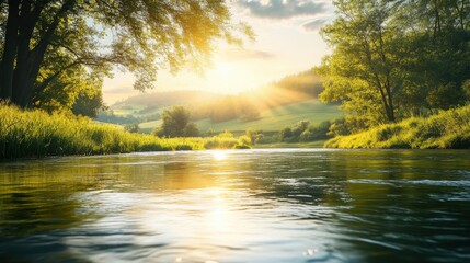 Obraz premium faith and spirituality, set in a serene natural landscape with rolling hills, a calm river, and gentle sunlight filtering through the trees. The background is softly blurred
