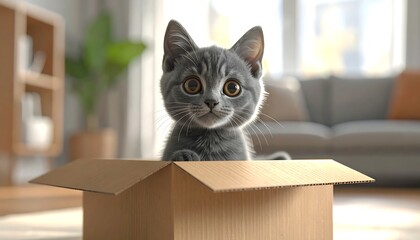 A cute, grey kitten peeks out from a cardboard box, with big eyes and a curious expression. Blurred living room backdrop