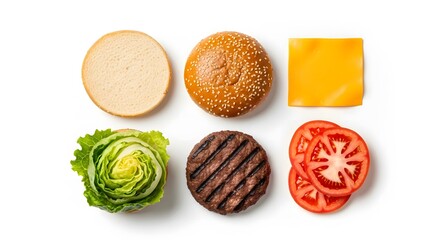 Disassembled cheeseburger ingredients flat lay sesame bun, grilled patty, cheddar, lettuce, tomato slices.