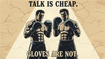 Vintage style boxers ready to fight with tough "Talk Is Cheap Gloves Are Not" motivational quote