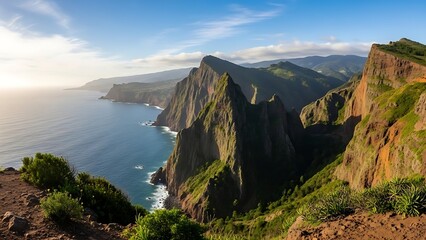view from the top of mountain,Dramatic Viewpoint Over Northern Madeira’s Rugged Coast