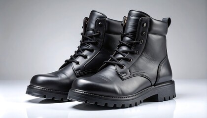 A pair of sturdy, black leather boots is displayed on a bright, smooth surface, highlighted by soft studio lighting