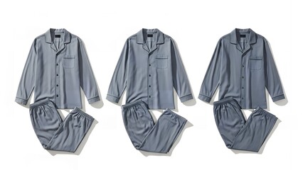 Three Identical Light Blue Collared Pajama Sets with Button-Up Tops and Matching Pants