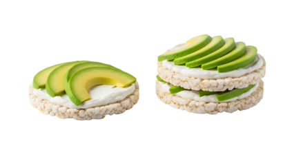 Delicious gourmet cupcakes and fresh healthy appetizers featuring avocado on a white plate as a nutritious snack meal isolated on a white background