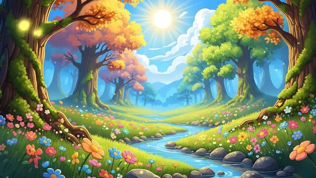 A cartoon landscape with a stream running through a forest filled with colorful flowers and trees under a sunny blue sky with white clouds