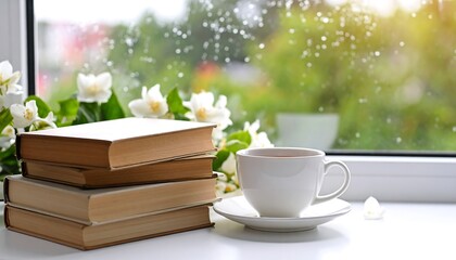 A peaceful indoor scene featuring stacked books, a warm beverage in a white cup, and white flowers by a rainy window
