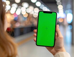 A person, viewed from behind, holds a smartphone with a green screen in front of a blurred background