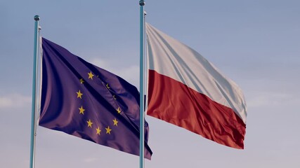 European Union and Poland: Cinematic Waving Flags Against Blue Sky - Powered by Adobe