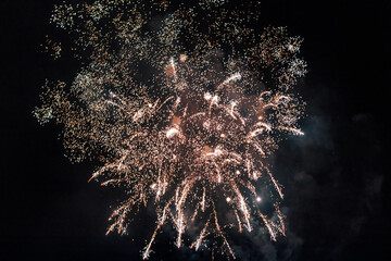 Golden fireworks explode across night sky, scattering radiant trails and shimmering sparks in dazzling celebration. Dark backdrop enhances the brilliance of each burst, evoking joy and festivity